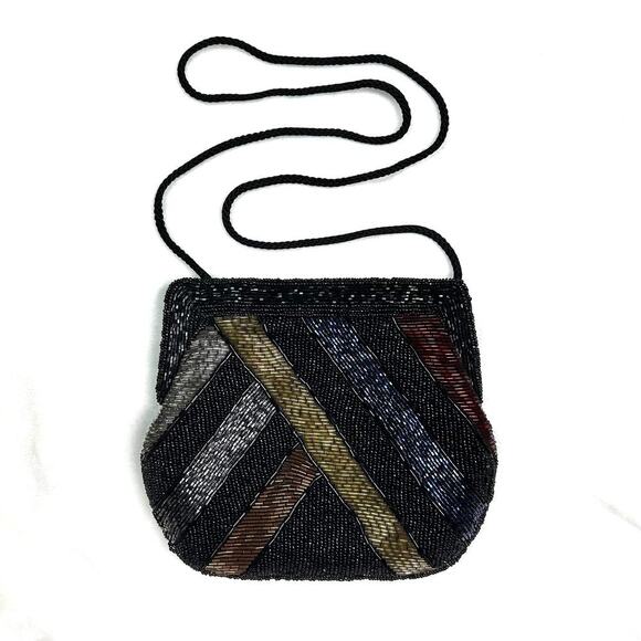Vintage Beaded Evening Bag Black Rainbow Shoulder Purse Garfinckel's Pocketbook - Picture 1 of 12
